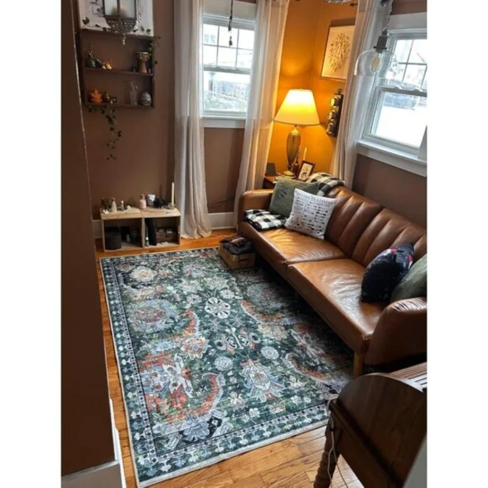 New 5x7 Green Washable Area Rug, Non-Slip Vintage Tribal Carpet for Any Room